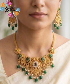 Green And White Pearl With Peacock Designer Matte Finished Necklace