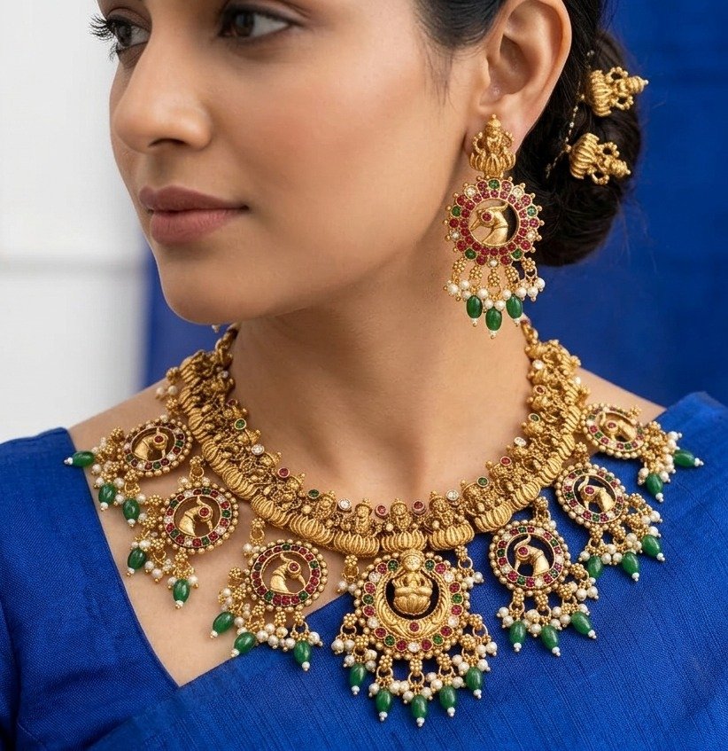 Peacock And Lakshmi Designer Matte Finished Necklace Peacock And Lakshmi Designer Matte Finished Necklace