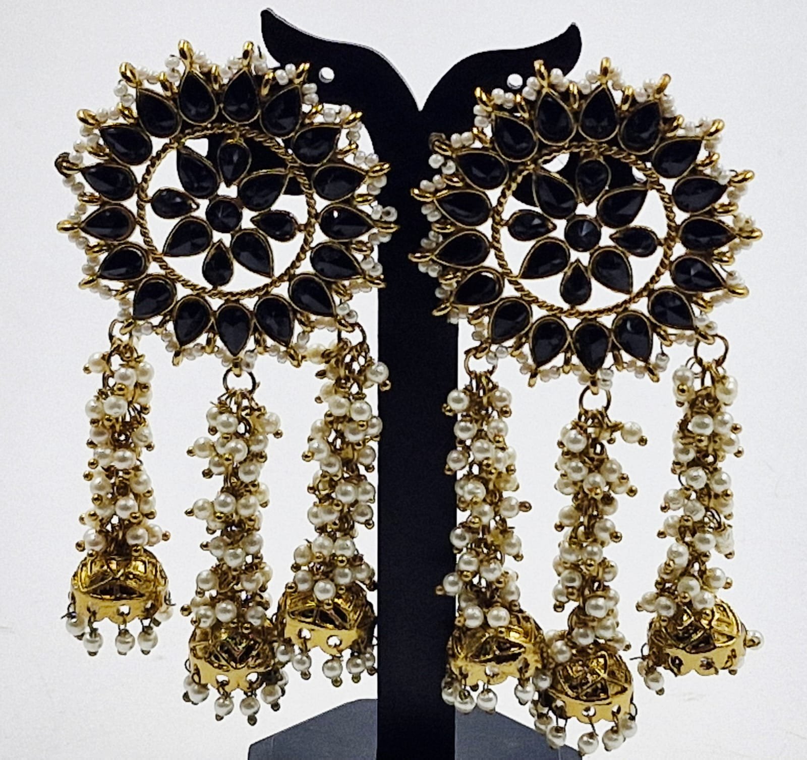 Black Stone With White Pearl Designer Oxidised Gold Earrings Black Stone With White Pearl Designer Oxidised Gold Earrings - Image 3