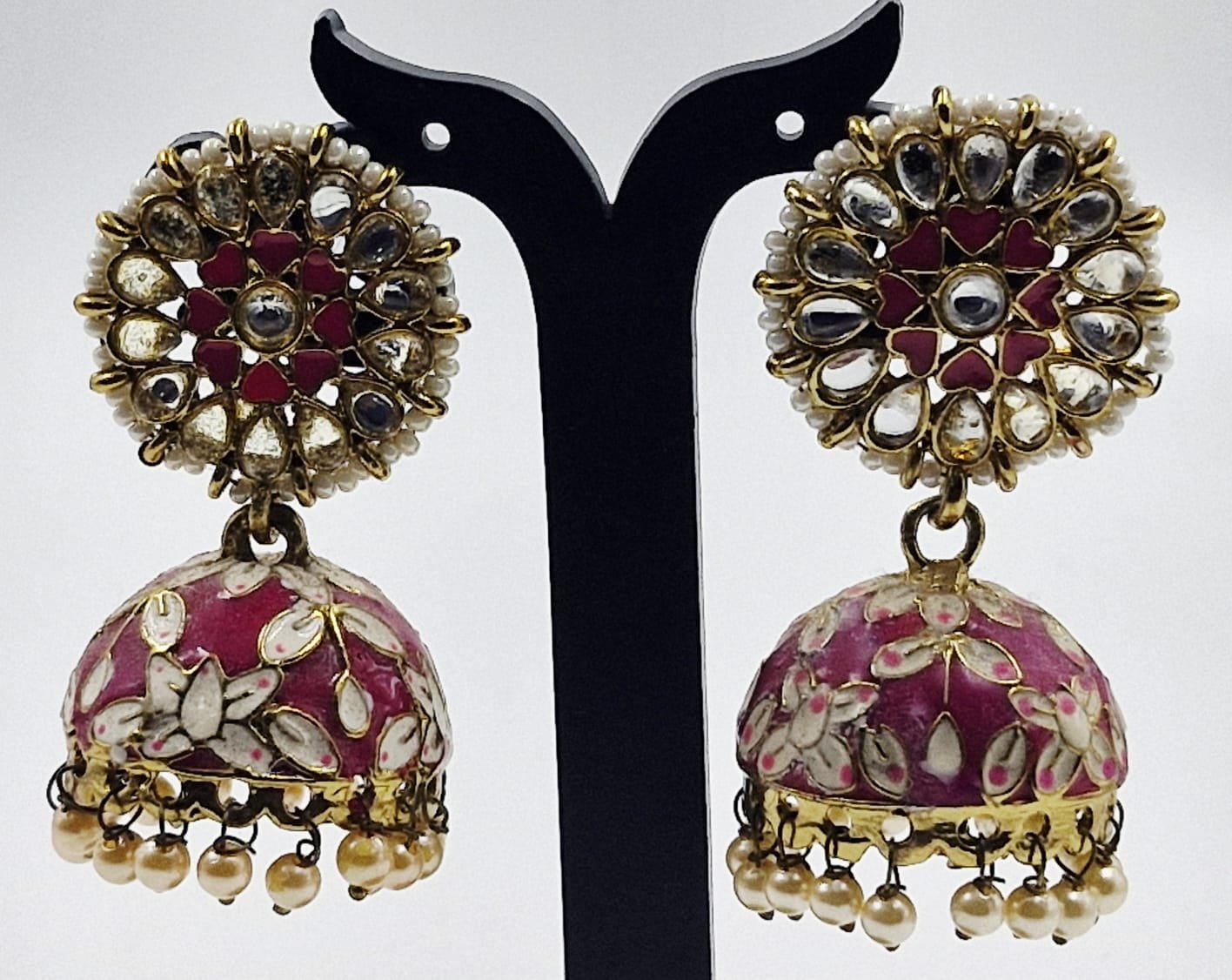 Pink & White Colour Meenakari Jhumkha Pink & White Colour Meenakari Jhumkha - Image 3