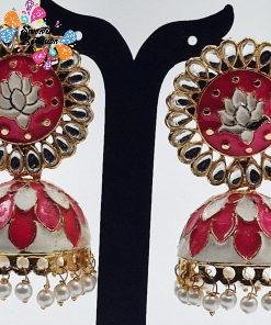 Alternative view of Pink & White Colour Meenakari Jhumkha