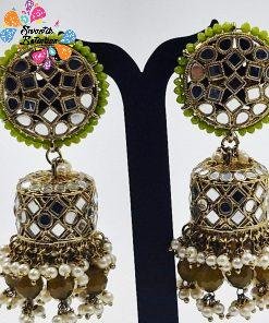 Alternative view of Olive Green & White Pearl Designer Kundan Jhumkha