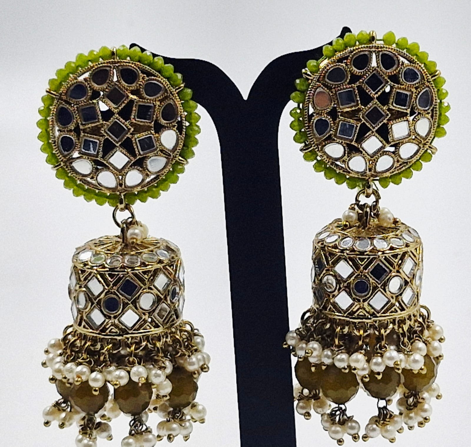 Olive Green & White Pearl Designer Kundan Jhumkha - Image 2