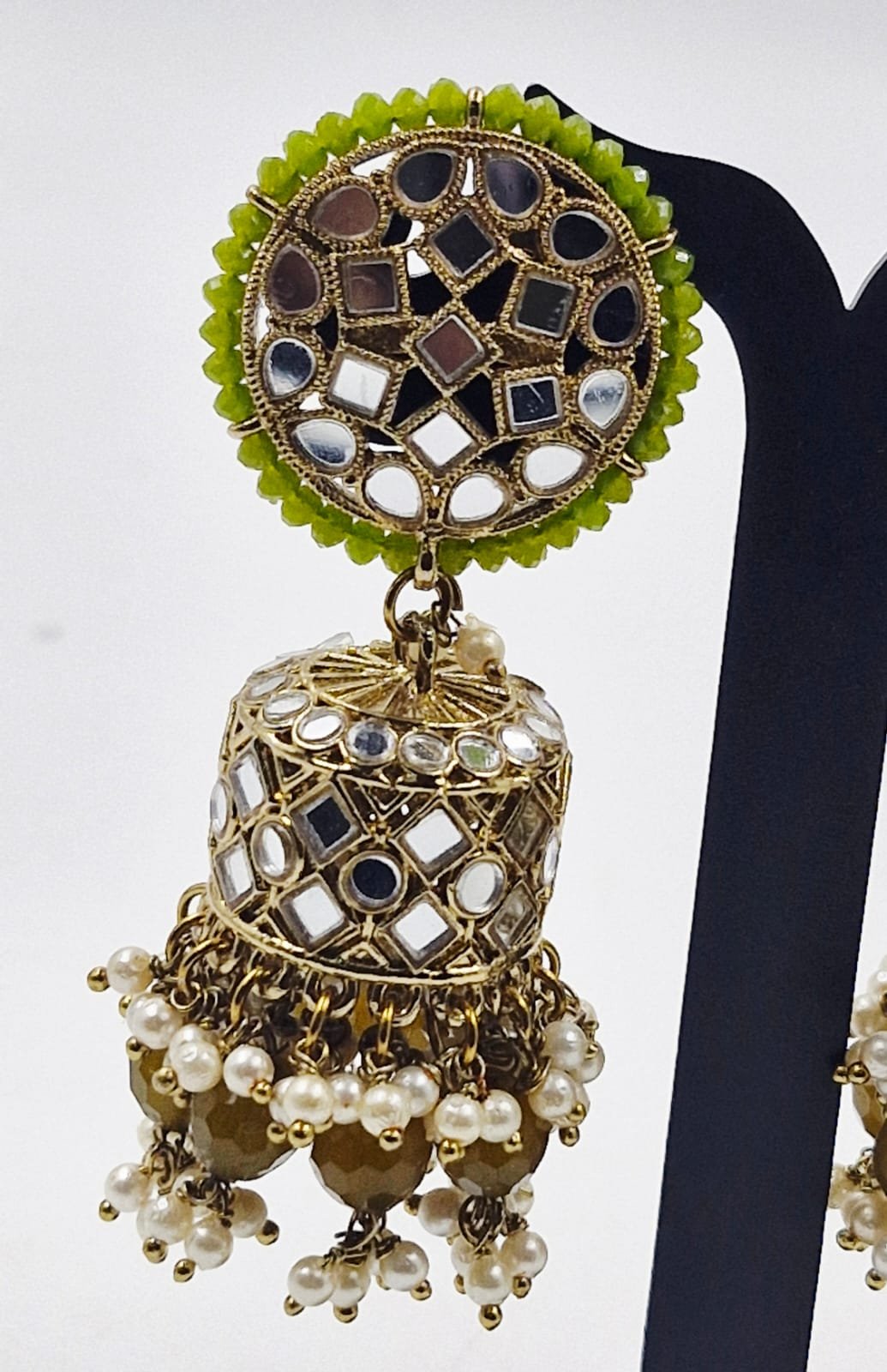 Olive Green & White Pearl Designer Kundan Jhumkha - Image 3