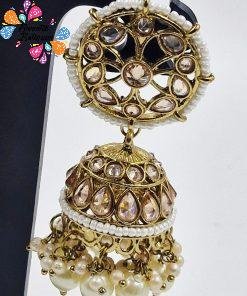 Alternative view of White Pearl & Gold Stone Designer Kundan Jhumkha