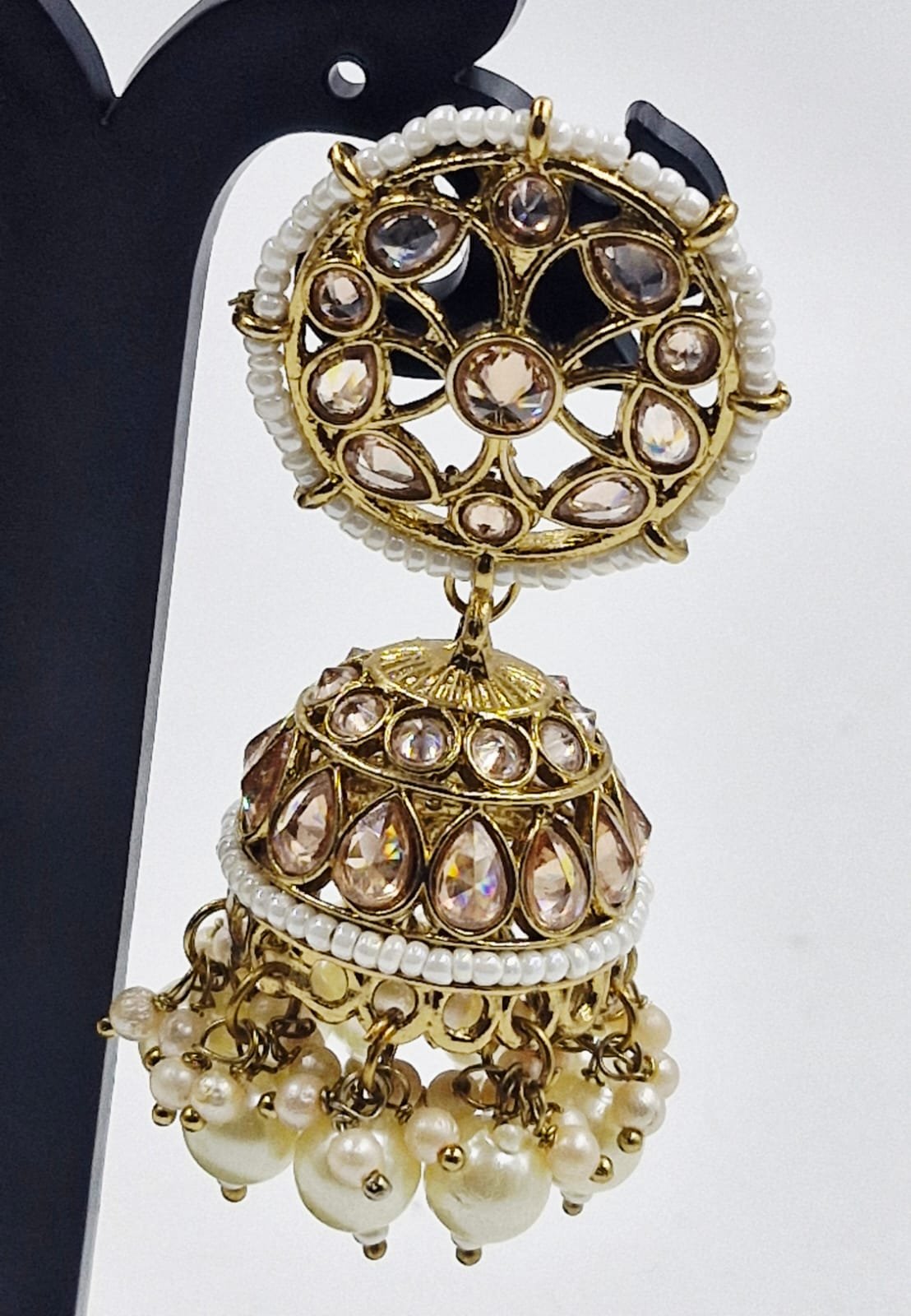 White Pearl & Gold Stone Designer Kundan Jhumkha - Image 2