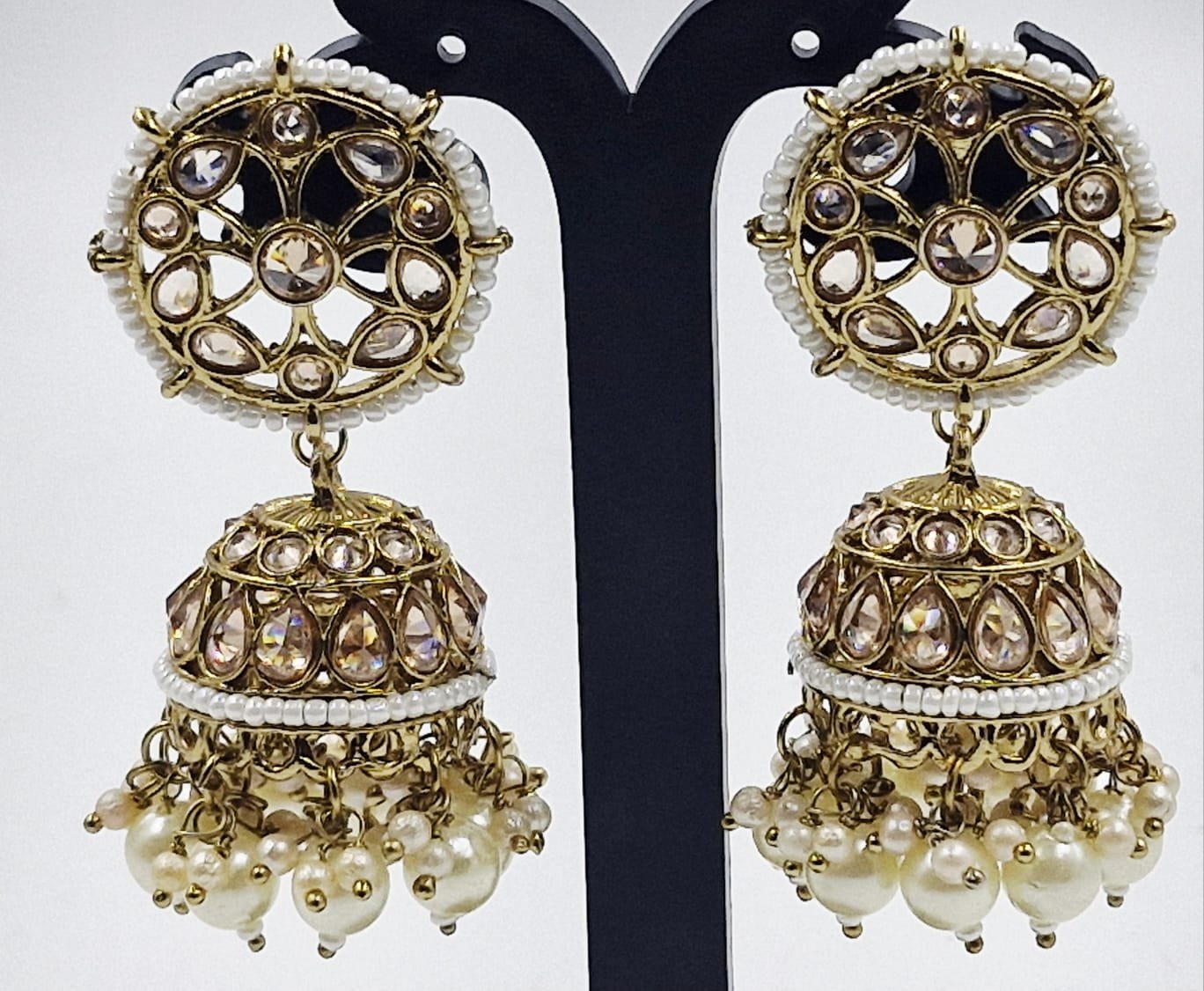 White Pearl & Gold Stone Designer Kundan Jhumkha - Image 3