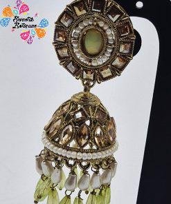 Alternative view of Pale Green & White Pearl Designer Kundan Jhumkha