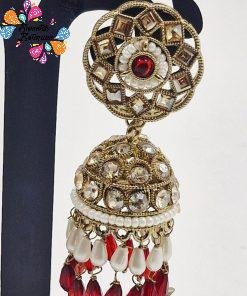 Alternative view of Red & White Pearl Designer Kundan Jhumkha