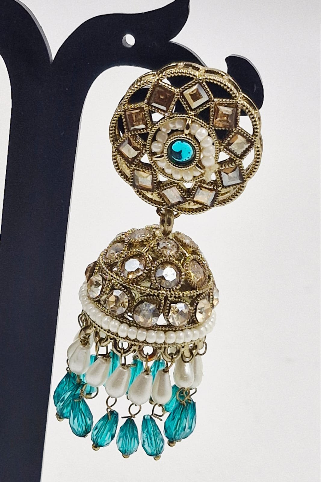 Blue & White Pearl Designer Kundan Jhumkha - Image 2