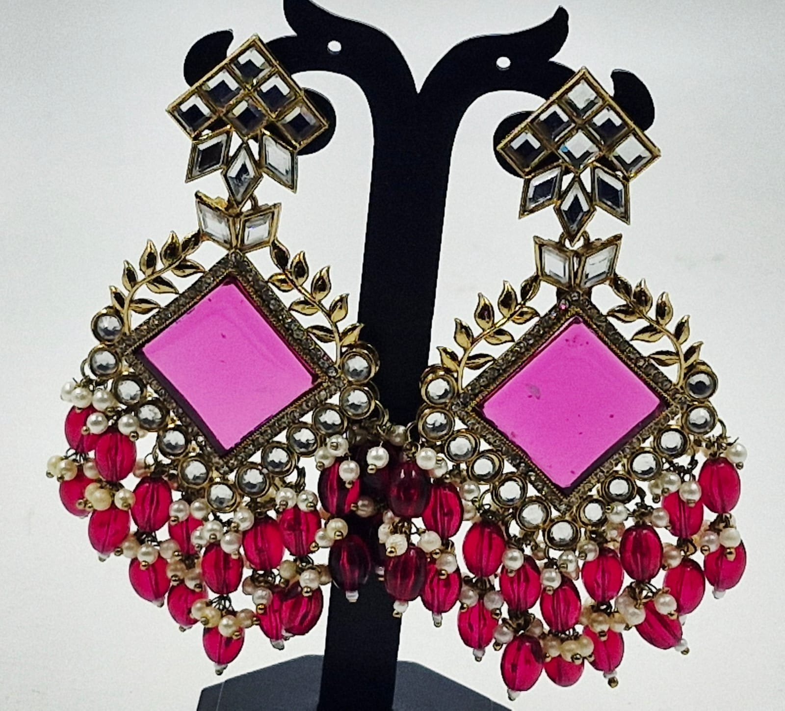 Pink Colour Kundan Earrings - Image 3