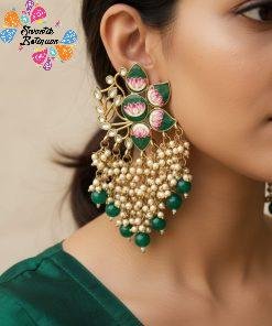 Flower Design Green & Pink With White Pearls Meenakari Earrings