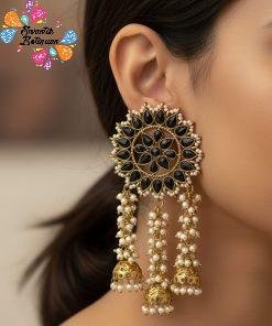 Black Stone With White Pearl Designer Oxidised Gold Earrings