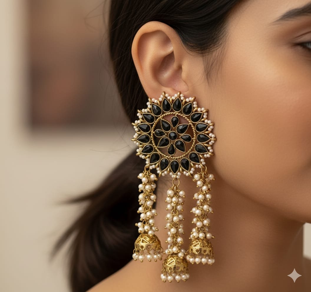Black Stone With White Pearl Designer Oxidised Gold Earrings Black Stone With White Pearl Designer Oxidised Gold Earrings