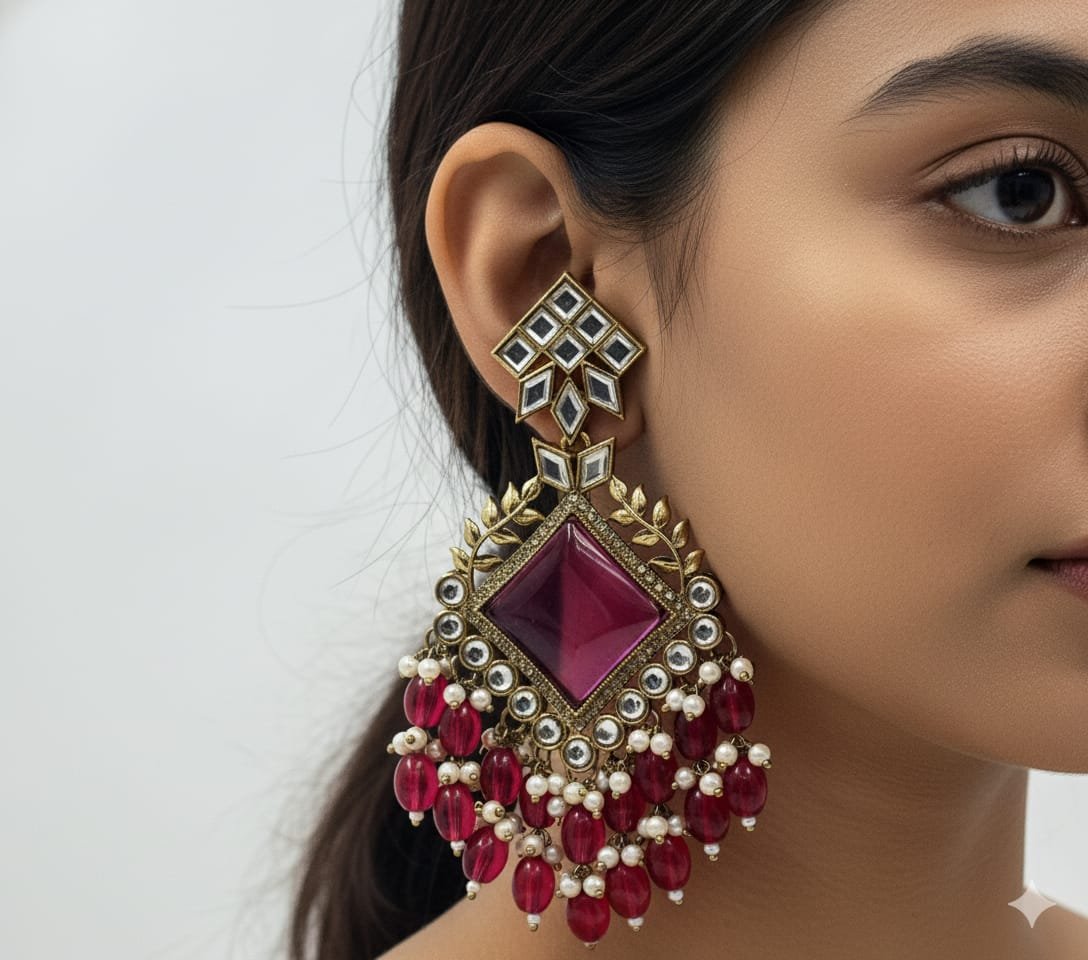Pink Colour Kundan Earrings