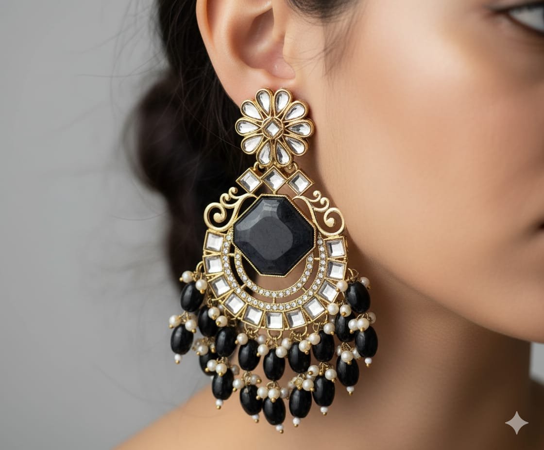 Black Colour Kundan Earrings