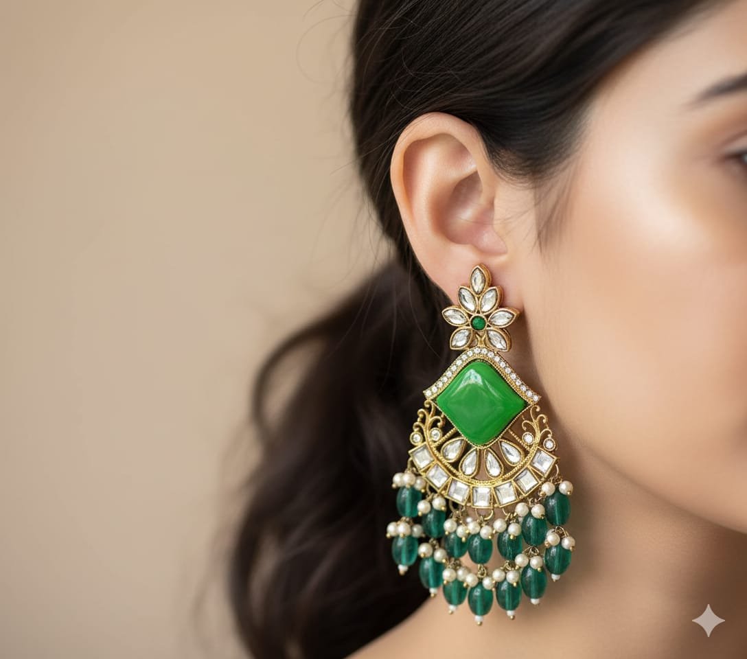 Green Colour Kundan Earrings