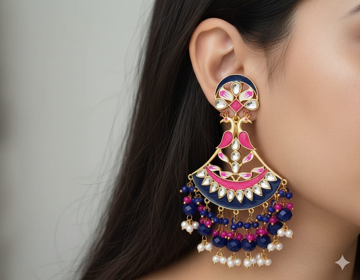 Peacock Design Pinkand Purple With Pearls Meenakari Earring