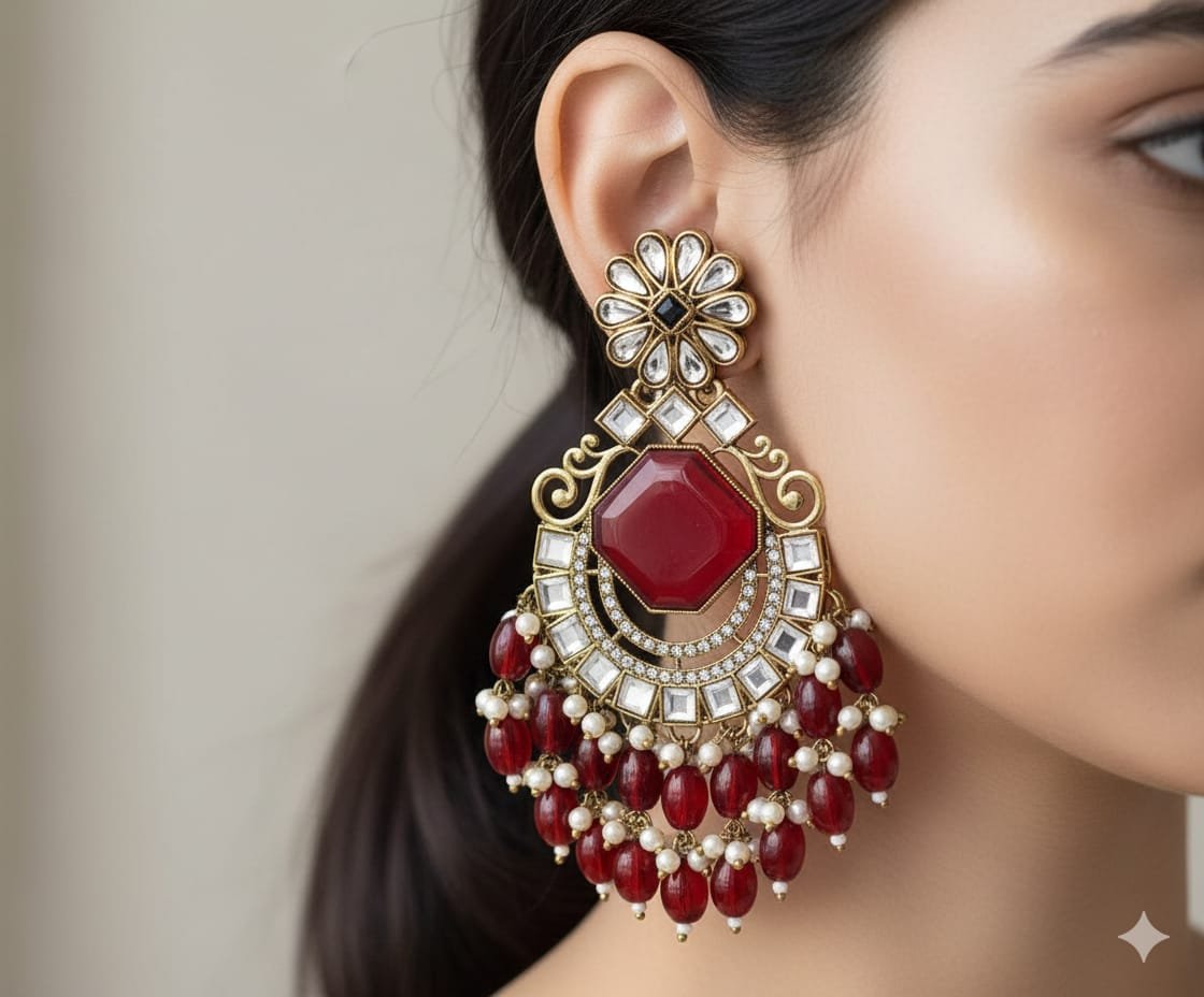Red Colour Kundan Earrings