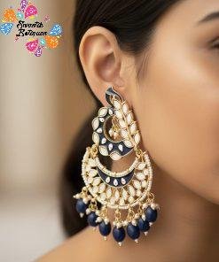 Flower Design Navy Blue and Gold With Navy Blue Pearls Meenakari Earrings