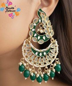 Flower Design Green and Gold With Green Pearls Meenakari Earrings