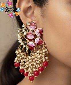 Flower Design Marroon & Pink With White Pearls Meenakari Earrings