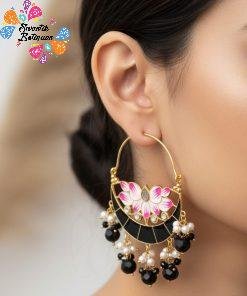 Flower Design Black & Pink With Black Pearls Meenakari Earrings