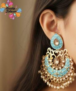 Flower Design Sky Blue & Gold With White Pearls Meenakari Earrings