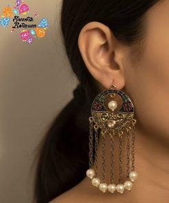 Peacock Design Marroon & Green With White Pearls Meenakari Earrings