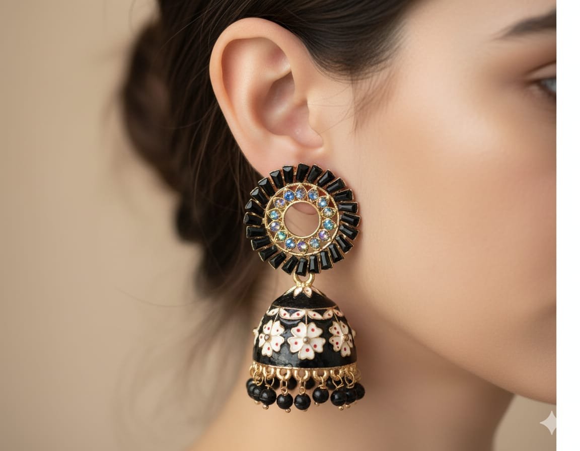 Black and White Colour Meenakari Jhumkha