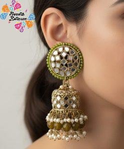 Olive Green & White Pearl Designer Kundan Jhumkha