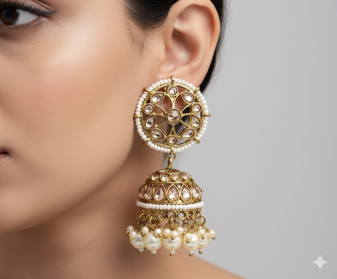White Pearl & Gold Stone Designer Kundan Jhumkha