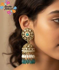 Blue & White Pearl Designer Kundan Jhumkha