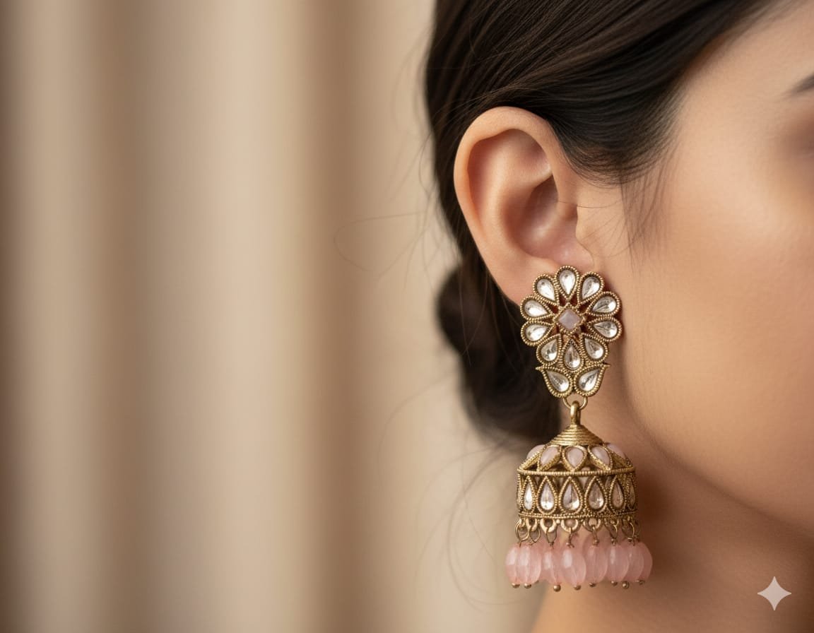 Light Pink Pearl Designer Kundan Jhumkha