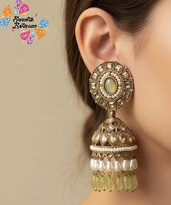 Pale Green & White Pearl Designer Kundan Jhumkha