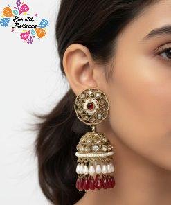 Red & White Pearl Designer Kundan Jhumkha