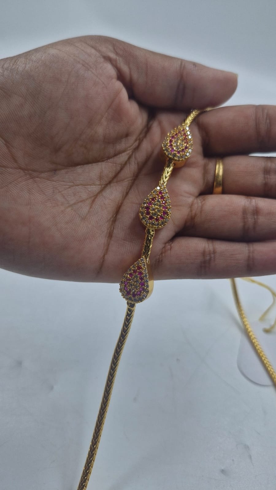 White & Pink Stone Traditional Gold Plated Mugapu Chain