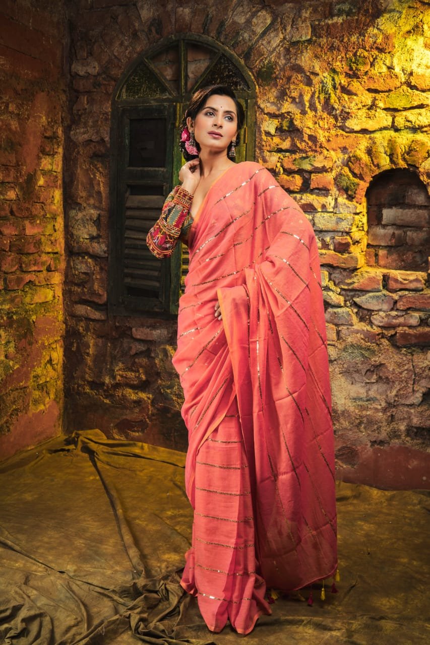Coral Colour Premium Sequins Mul Cotton Saree