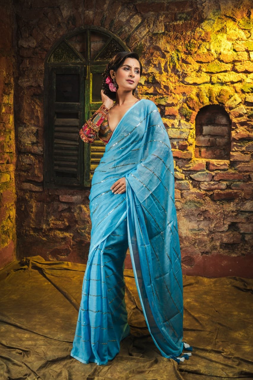 Sky Blue Colour Premium Sequins Mul Cotton Saree