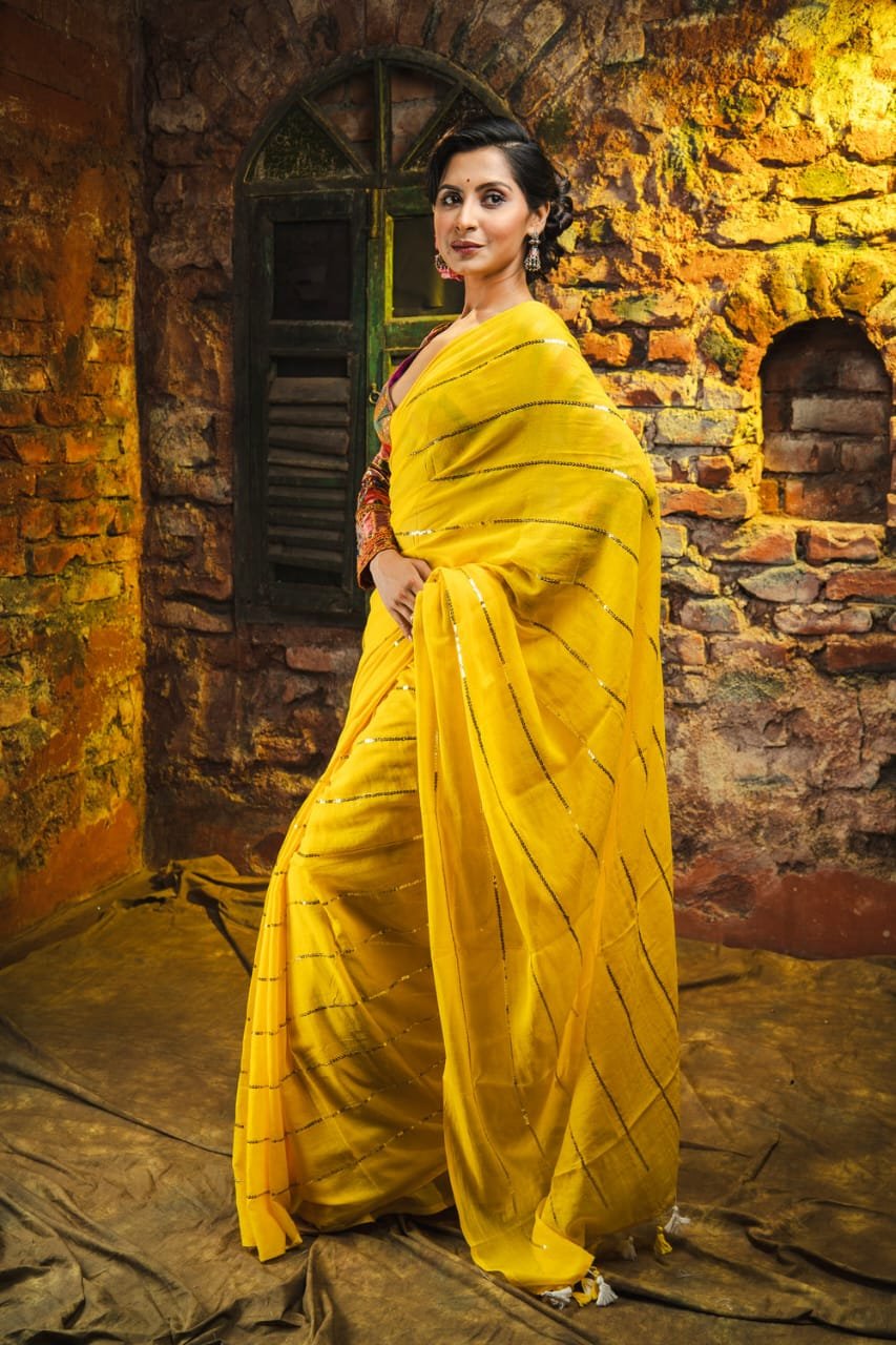 Yellow Colour Premium Sequins Mul Cotton Saree Yellow Colour Premium Sequins Mul Cotton Saree