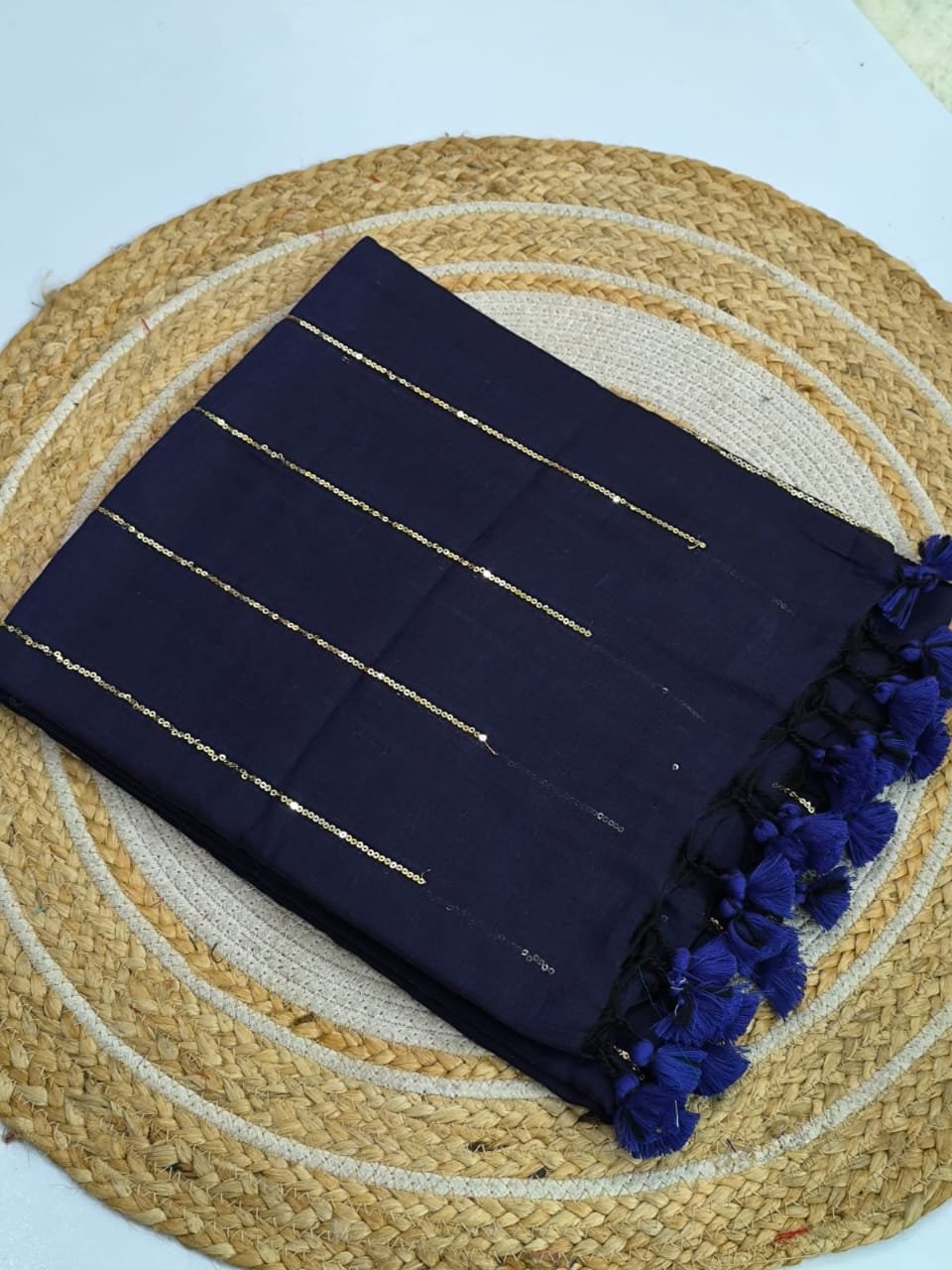 Navy Blue Colour Premium Sequins Mul Cotton Saree