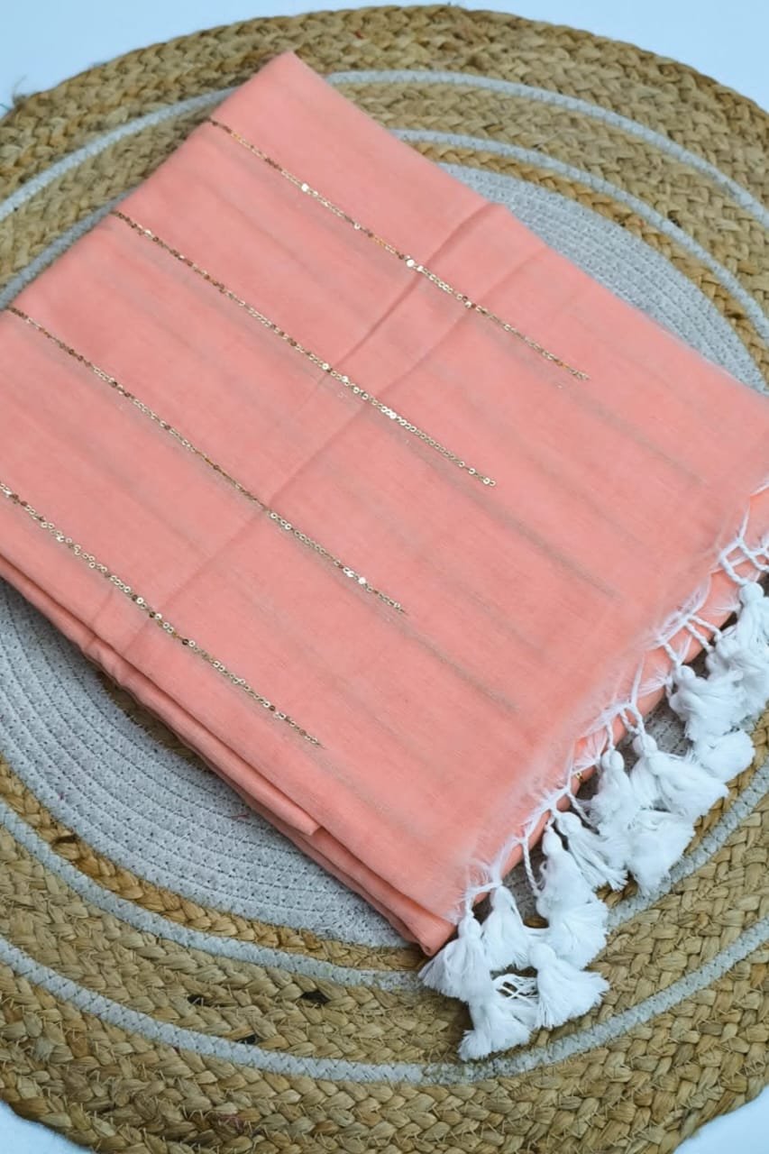 Coral Colour Premium Sequins Mul Cotton Saree - Image 2
