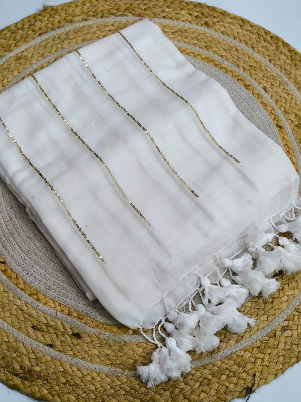 White Colour Premium Sequins Mul Cotton Saree