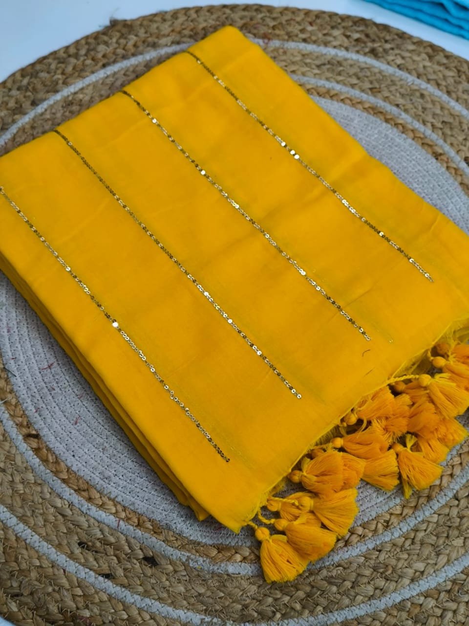 Yellow Colour Premium Sequins Mul Cotton Saree Yellow Colour Premium Sequins Mul Cotton Saree - Image 5
