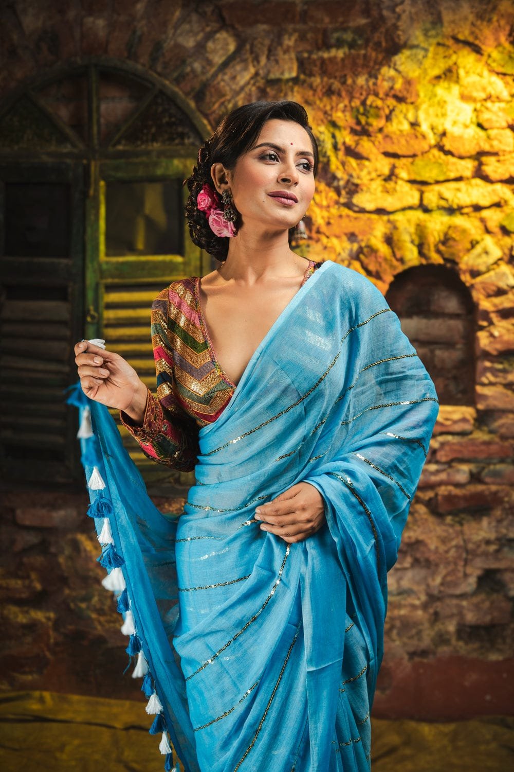 Sky Blue Colour Premium Sequins Mul Cotton Saree - Image 8