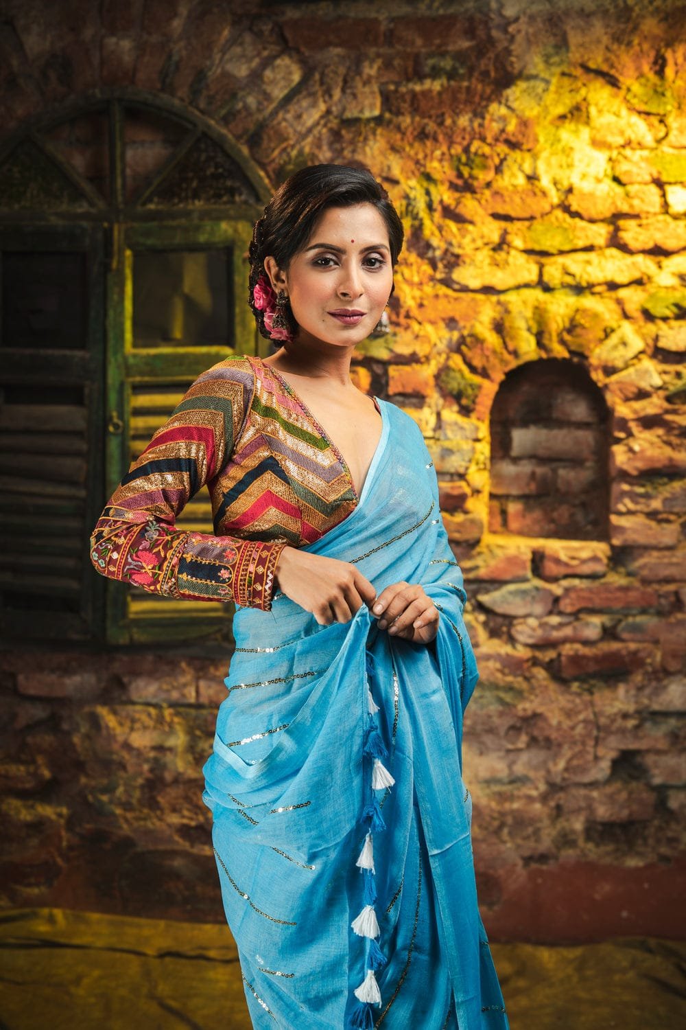 Sky Blue Colour Premium Sequins Mul Cotton Saree - Image 7