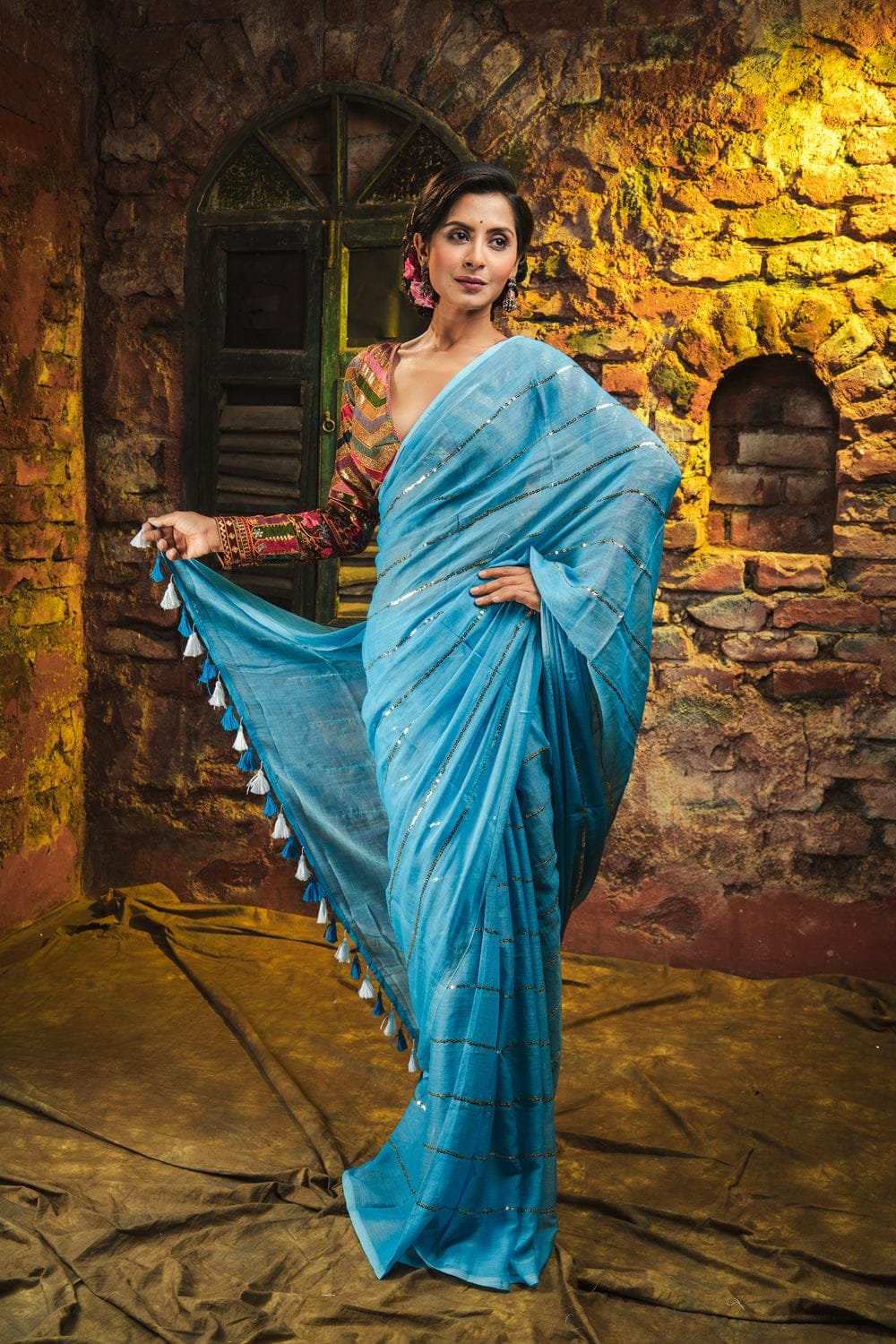 Sky Blue Colour Premium Sequins Mul Cotton Saree - Image 4