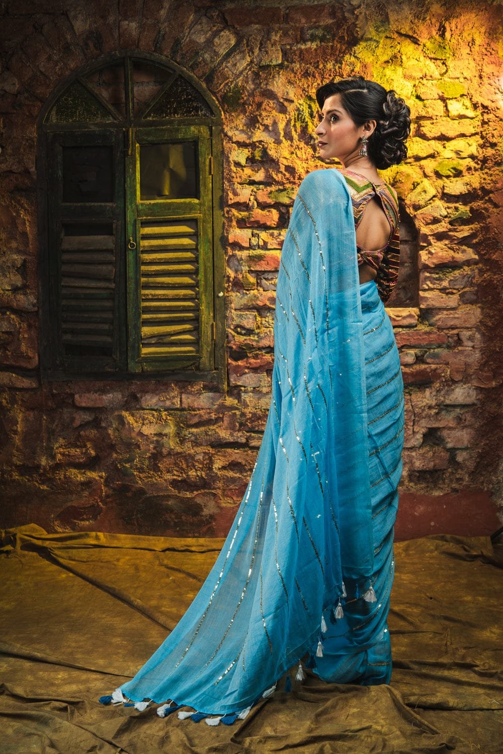 Sky Blue Colour Premium Sequins Mul Cotton Saree - Image 5