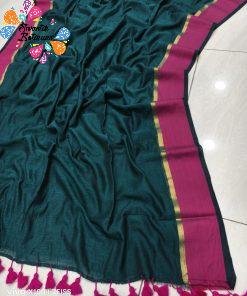 Pine Green and Pink  Colour  Premium Party Wear Mul Cotton Sarees