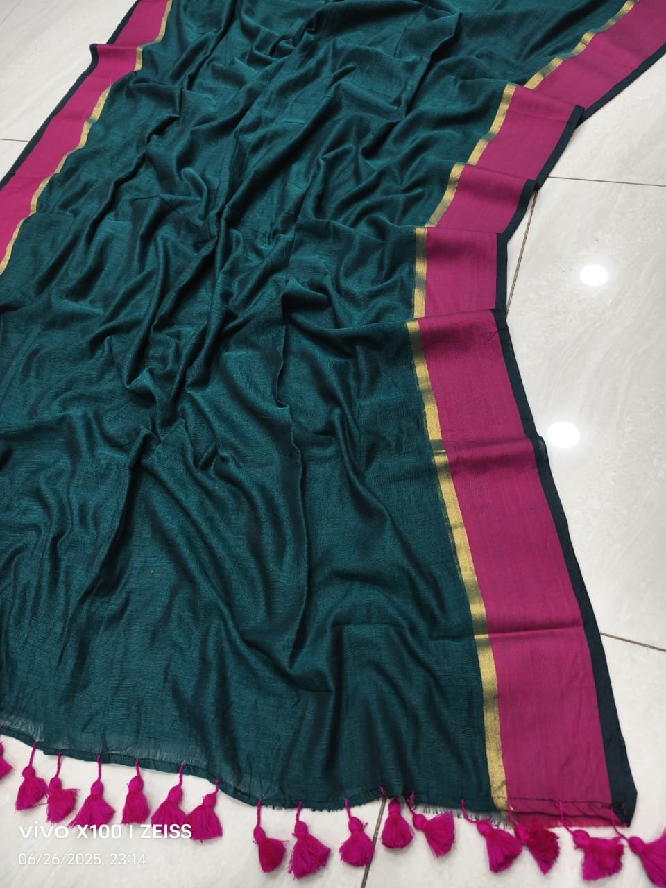 Pine Green and Pink Colour Premium Party Wear Mul Cotton Sarees